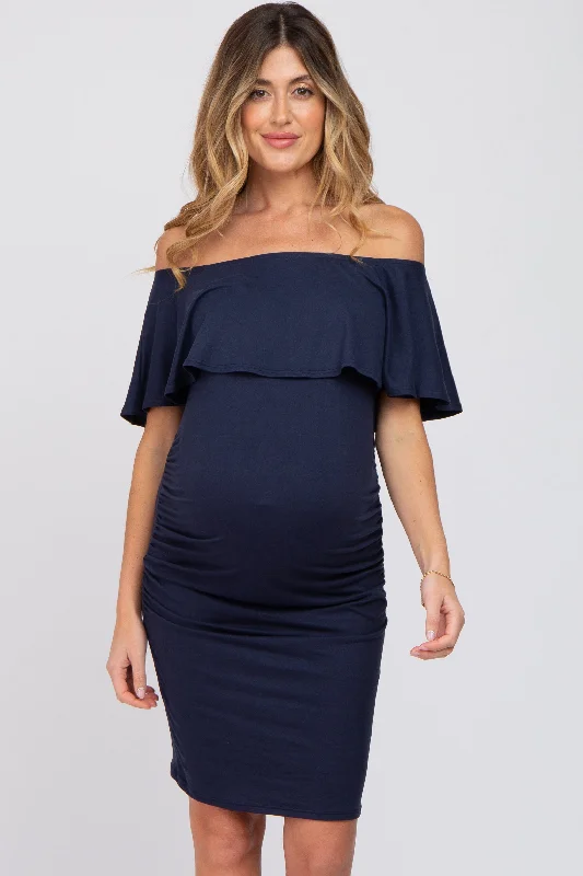 Women's Casual Apparel For Weekends Luxury Fashion Navy Blue Off Shoulder Fitted Maternity Dress