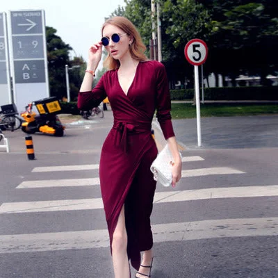 Women's Active Clothing Premium Style Offers New V-neck Tie Waist Slim Slimming Dress