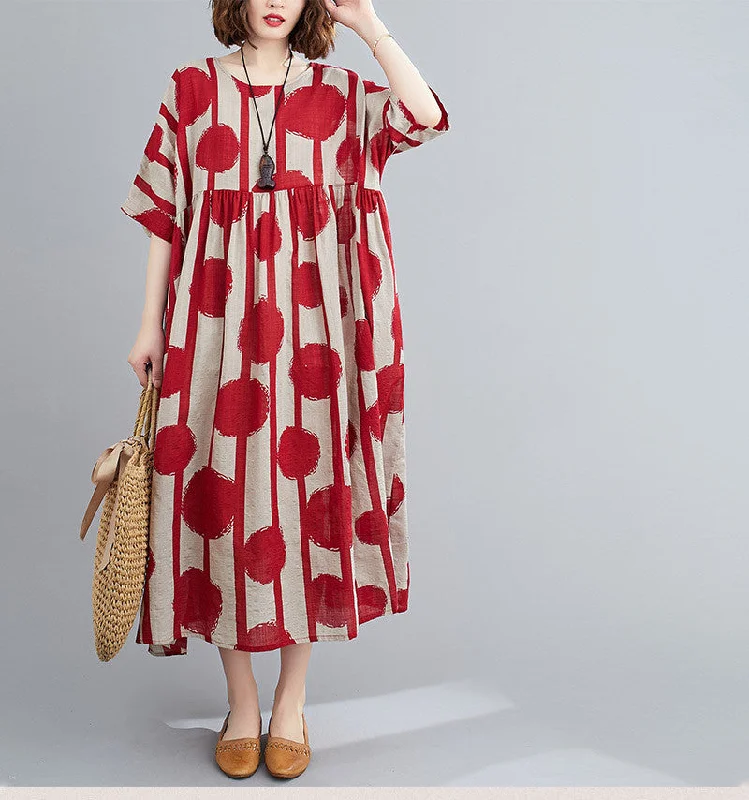 Women's Comfortable Apparel Holiday Glam Plus Size Vintage Polka Dot Simmer Dress Cotton Casual Ladies Dresses for Women 4XL 5XL 6XL Robe Femme Red Long Dress