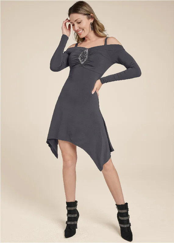 Women's Clothes And Apparel Boutique Styles Hanky-Hem Embellished Dress - Dark Grey