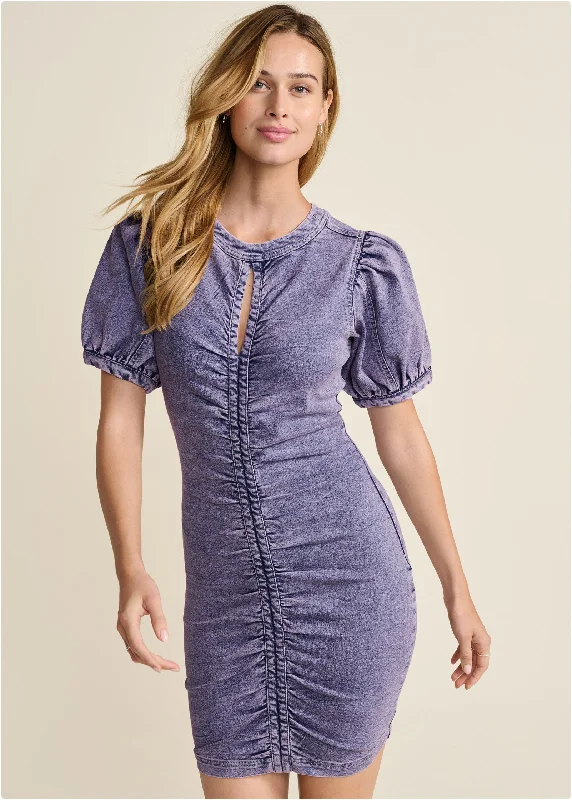 Women's Sports Apparel Mega Sale Puff Sleeve Denim Dress  - Lavender