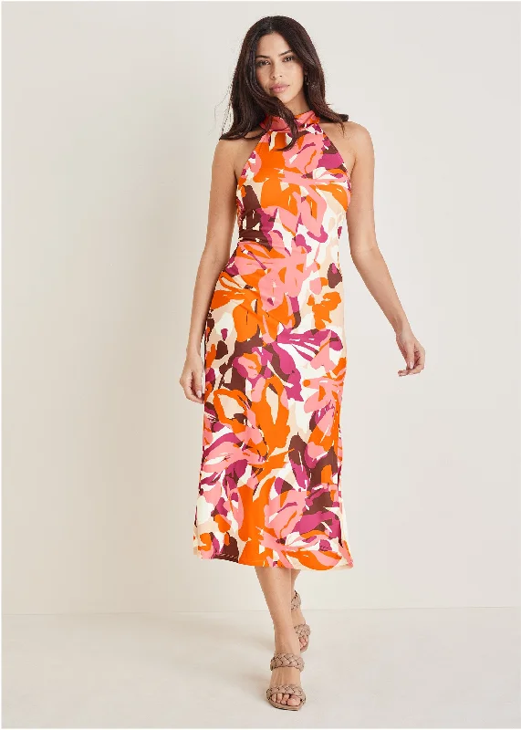 Women's Resort Attire Chic And Trendy High Neck Midi Dress - Desert Floral