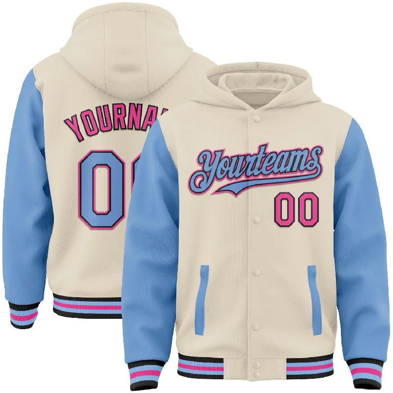 Urban-Inspired Unisex Fashion Trends The Good Stuff Custom Cream Light Blue Black-Pink Bomber Full-Snap Varsity Letterman Two Tone Hoodie Jacket