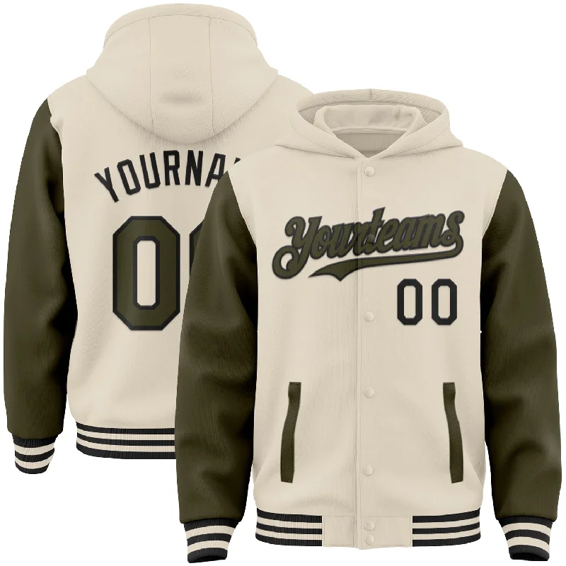 Modern Unisex Wardrobe Staples Premium Style Offers Custom Cream Olive-Black Bomber Full-Snap Varsity Letterman Two Tone Hoodie Jacket