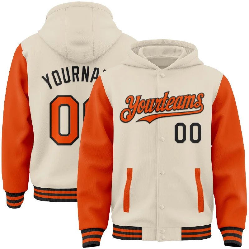 Sleek And Comfortable Unisex Wear Flirty Fashion Discounts Custom Cream Orange-Black Bomber Full-Snap Varsity Letterman Two Tone Hoodie Jacket