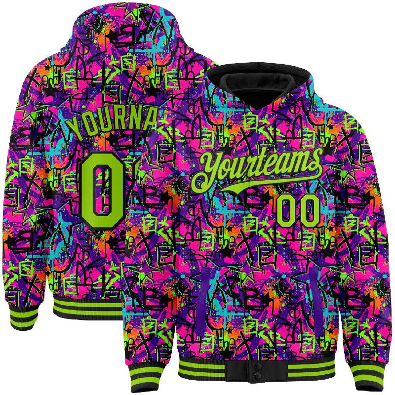 Urban-Inspired Unisex Fashion Pieces Budget Friendly Custom Graffiti Pattern Neon Green-Black Splash 3D Bomber Full-Snap Varsity Letterman Hoodie Jacket