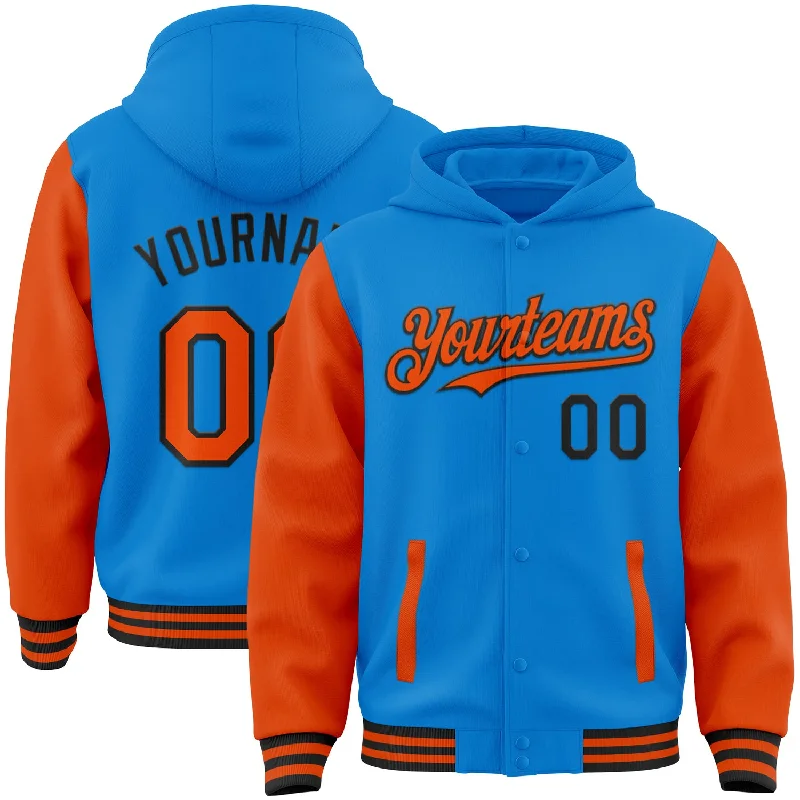 High-Quality Unisex Basics For Everyday Wear Minimalist Fashion Sale Custom Powder Blue Orange-Black Bomber Full-Snap Varsity Letterman Two Tone Hoodie Jacket