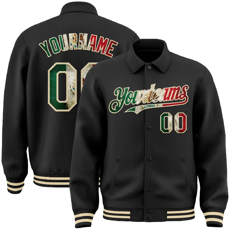 Sleek And Contemporary Gender-Free Outfits Hot Styles Custom Black Vintage Mexican Flag-Cream Bomber Full-Snap Varsity Letterman Lapel Collar Byron Jacket