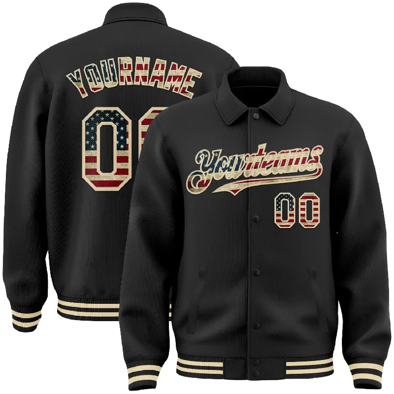 Casual Yet Sophisticated Unisex Fashion Trend Alert Custom Black Vintage USA Flag-Cream Bomber Full-Snap Varsity Letterman Lapel Collar Byron Jacket