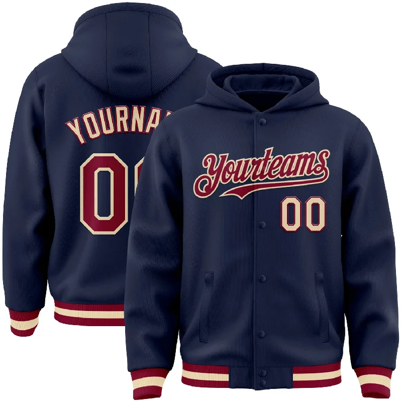 Gender-Neutral Fashion For Everyday Style Fashion Sale Custom Navy Maroon-Cream Bomber Full-Snap Varsity Letterman Hoodie Jacket