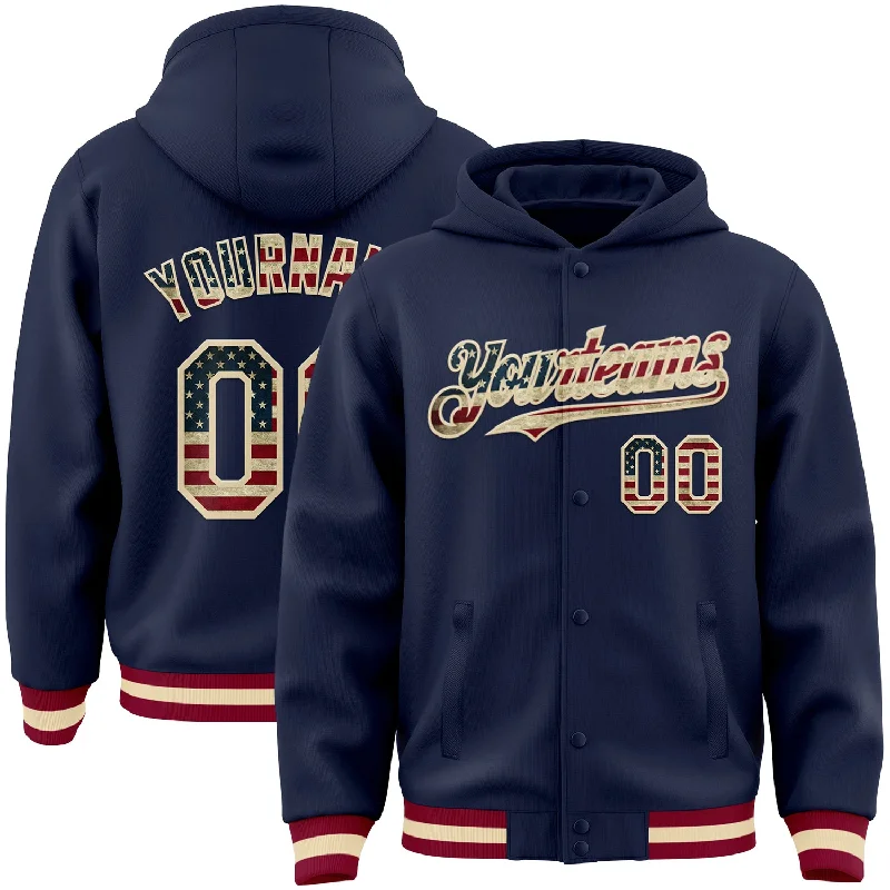 Sustainable And Ethical Unisex Clothing Luxury Fashion Discounts Custom Navy Vintage USA Flag Cream-Maroon Bomber Full-Snap Varsity Letterman Hoodie Jacket