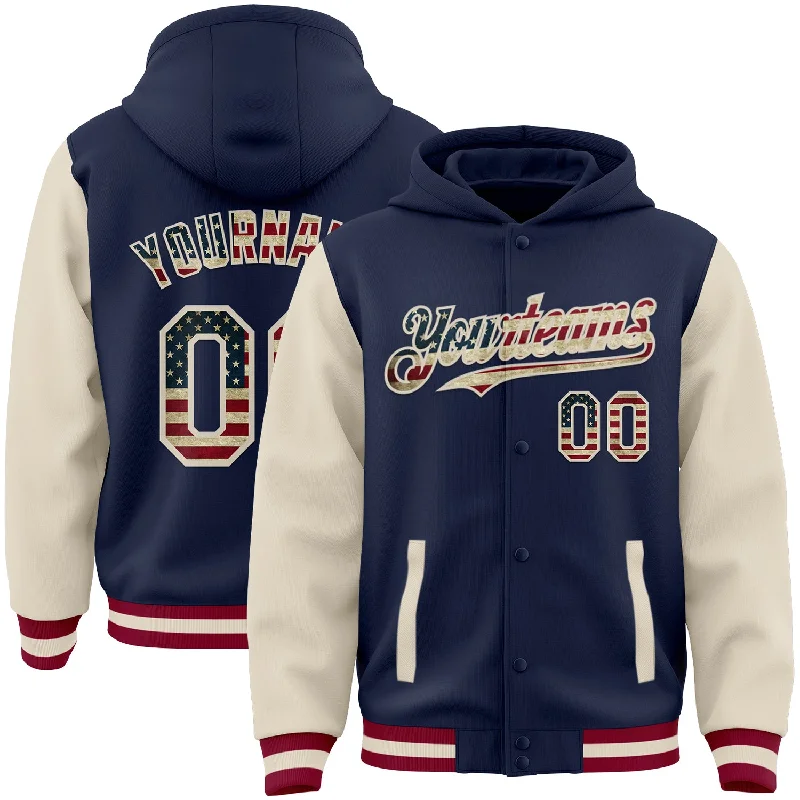 Modern Unisex Wardrobe Staples Chic Trend Collection Custom Navy Vintage USA Flag Cream-Maroon Bomber Full-Snap Varsity Letterman Two Tone Hoodie Jacket