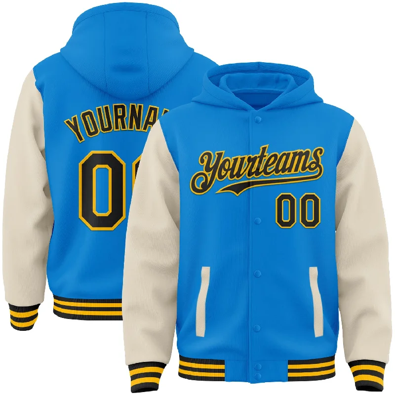 Sleek And Stylish Unisex Outerwear Trendy Threads Custom Powder Blue Black Cream-Gold Bomber Full-Snap Varsity Letterman Two Tone Hoodie Jacket