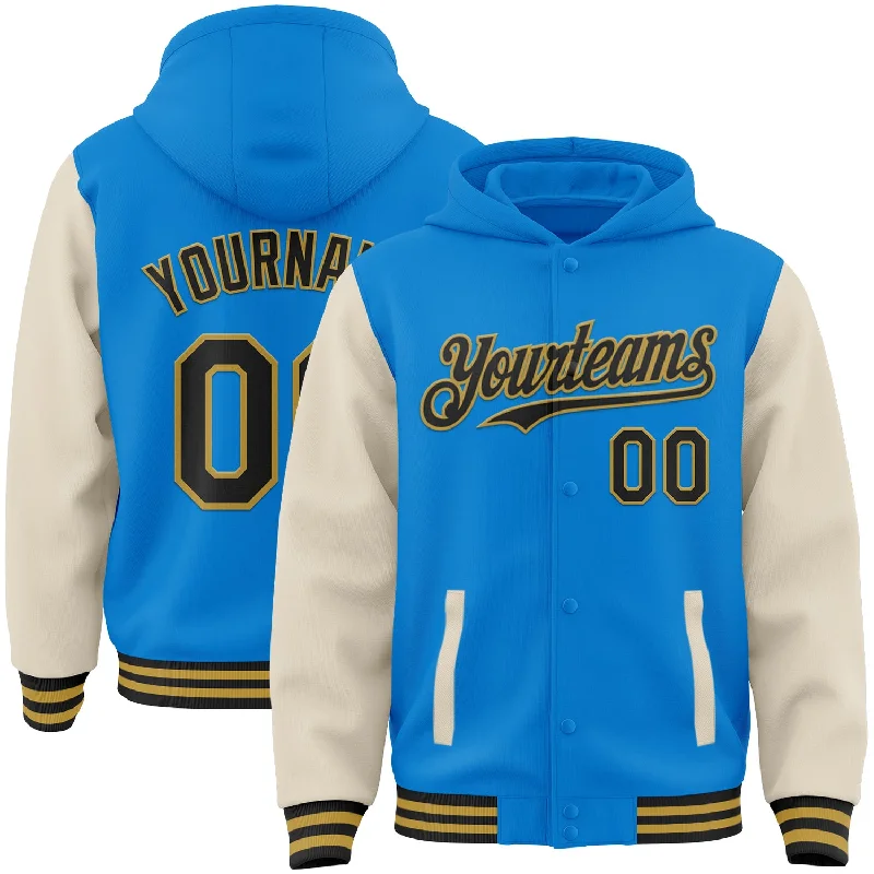 All-Season Unisex Clothing Collection Huge Discounts This Week Custom Powder Blue Black Cream-Old Gold Bomber Full-Snap Varsity Letterman Two Tone Hoodie Jacket