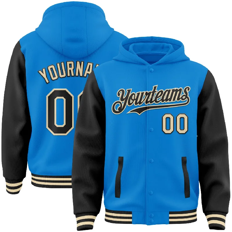 Everyday Wear For Men And Women Limited Time Special Offer Custom Powder Blue Black-Cream Bomber Full-Snap Varsity Letterman Two Tone Hoodie Jacket