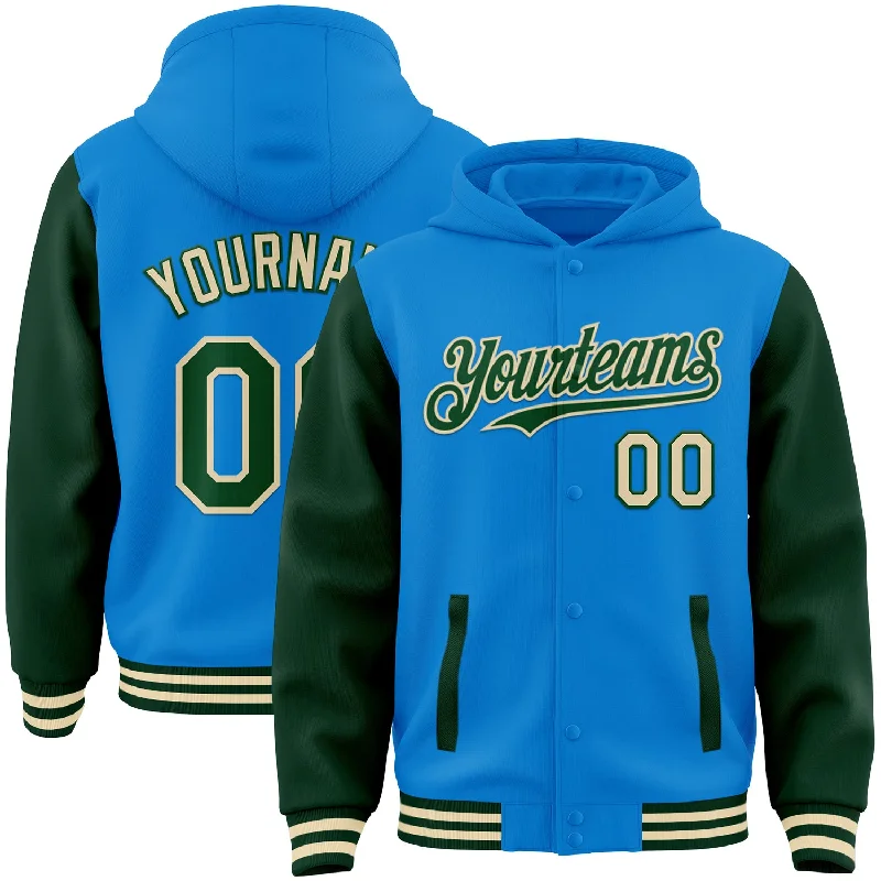 Versatile Gender-Free Wardrobe Essentials Stylish Looks Custom Powder Blue Green-Cream Bomber Full-Snap Varsity Letterman Two Tone Hoodie Jacket