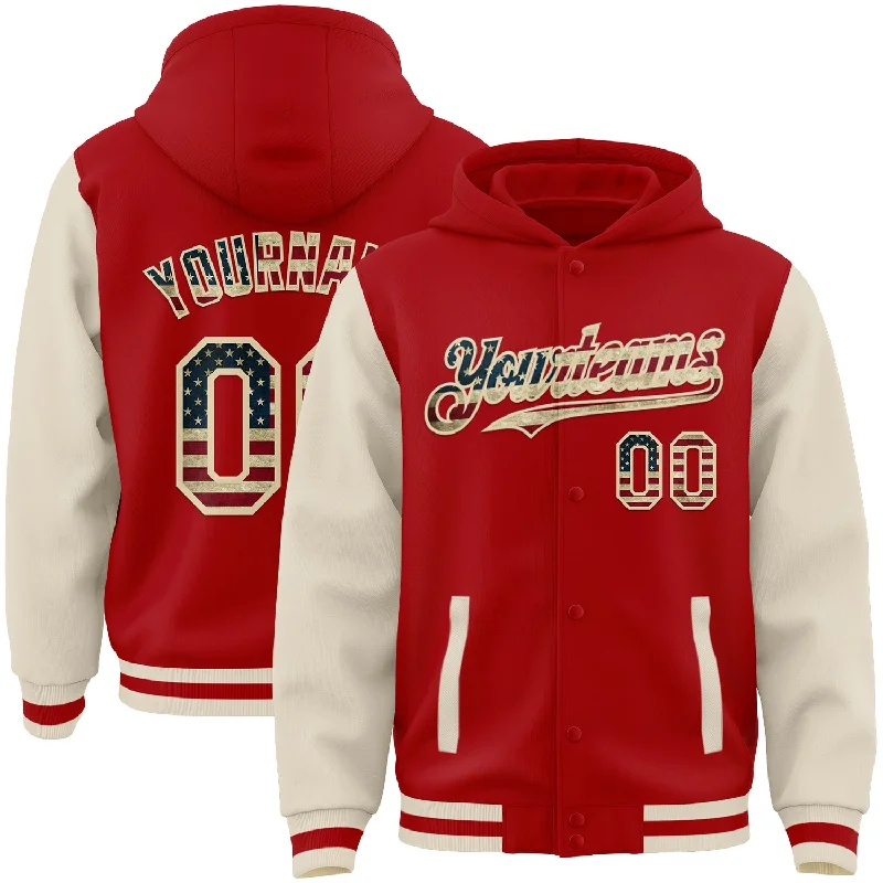 Functional And Stylish Unisex Outerwear New Arrivals Custom Red Vintage USA Flag-Cream Bomber Full-Snap Varsity Letterman Two Tone Hoodie Jacket