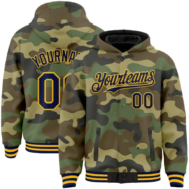 Trendy Unisex Break Fashion Norms Custom Camo Navy-Gold Bomber Full-Snap Varsity Letterman Salute To Service Hoodie Jacket