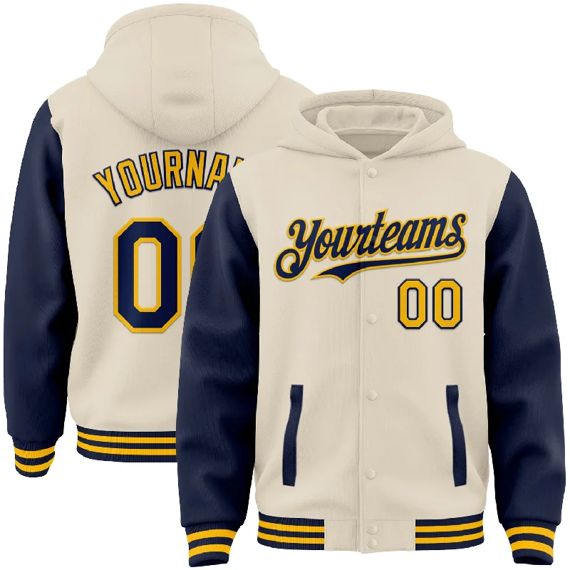 Fashion-Forward Gender-Neutral Outerwear Smart Casual Deals Custom Cream Navy-Gold Bomber Full-Snap Varsity Letterman Two Tone Hoodie Jacket