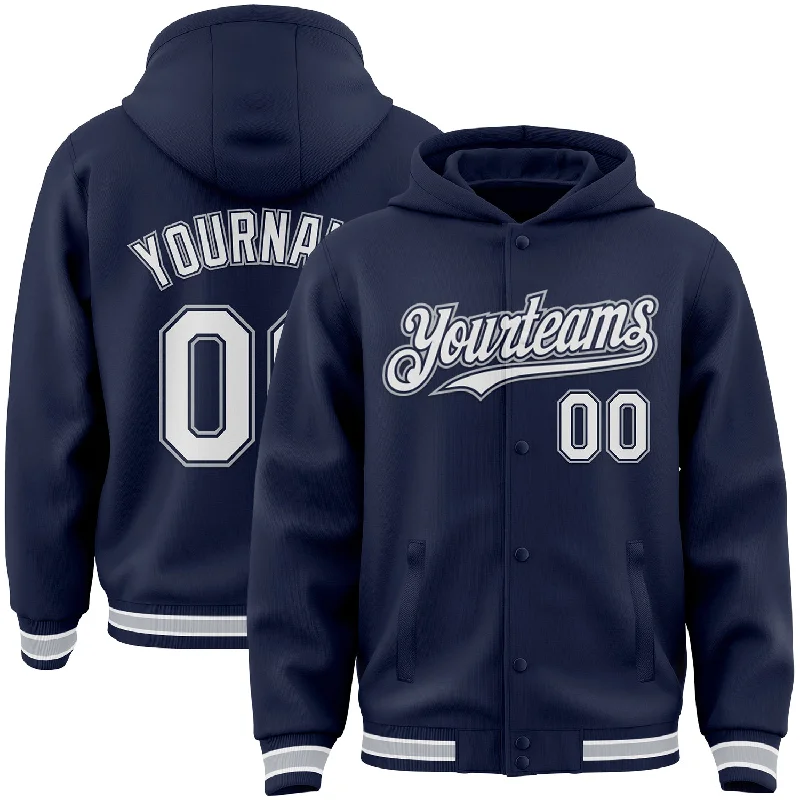 Bold And Trendy Gender-Neutral Outfits Avant-Garde Style Promotions Custom Navy White-Gray Bomber Full-Snap Varsity Letterman Hoodie Jacket