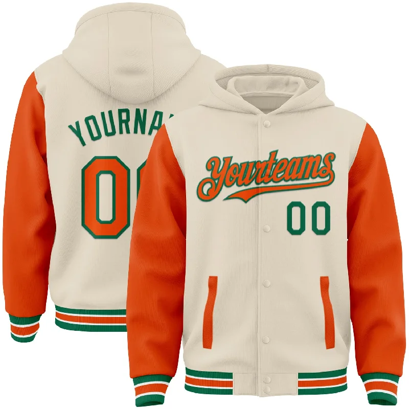 Relaxed-Fit Unisex Clothing Options Contemporary Chic Promotions Custom Cream Orange Kelly Green-White Bomber Full-Snap Varsity Letterman Two Tone Hoodie Jacket