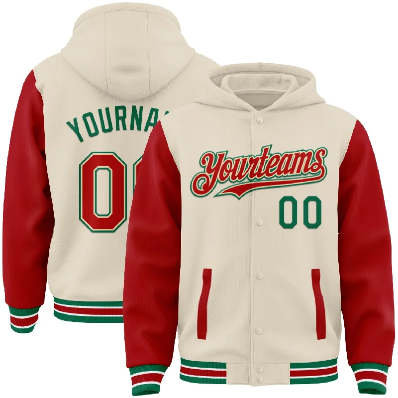 Fashion-Forward Gender-Neutral Outerwear Budget Friendly Custom Cream Red Kelly Green-White Bomber Full-Snap Varsity Letterman Two Tone Hoodie Jacket