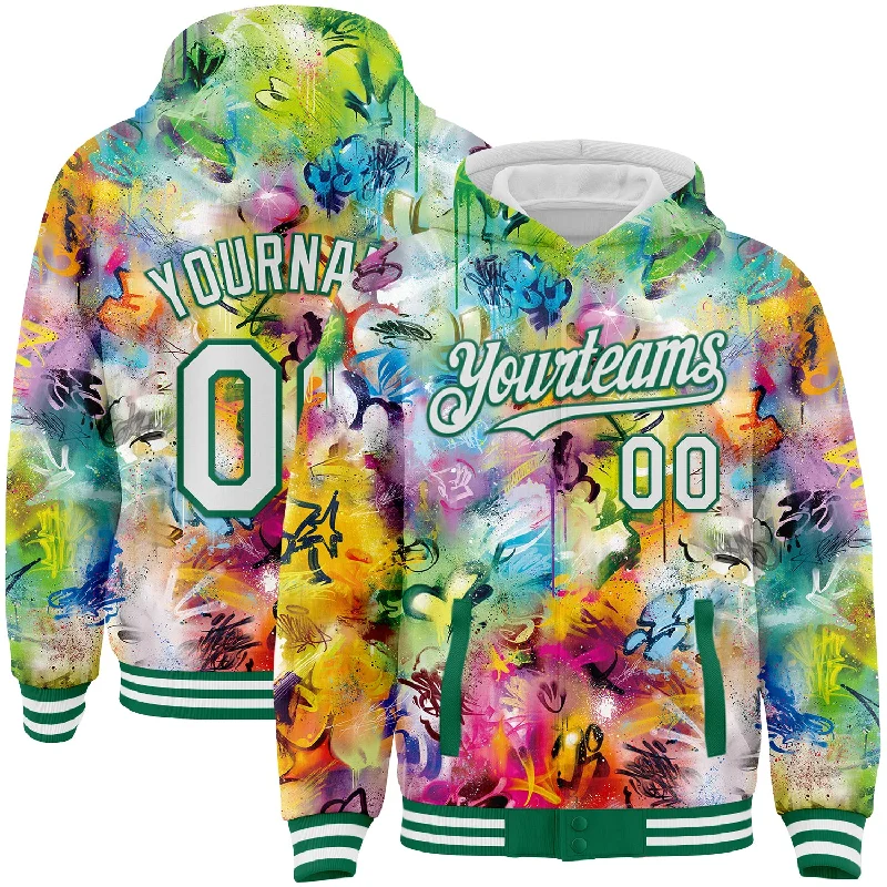 Breathable And Lightweight Unisex Wear Casual Chic Deals Custom Graffiti Pattern White-Kelly Green Splash 3D Bomber Full-Snap Varsity Letterman Hoodie Jacket