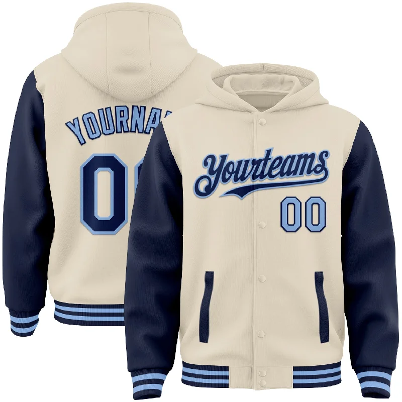 Versatile And Stylish Unisex Apparel Luxury Casual Deals Custom Cream Navy-Light Blue Bomber Full-Snap Varsity Letterman Two Tone Hoodie Jacket