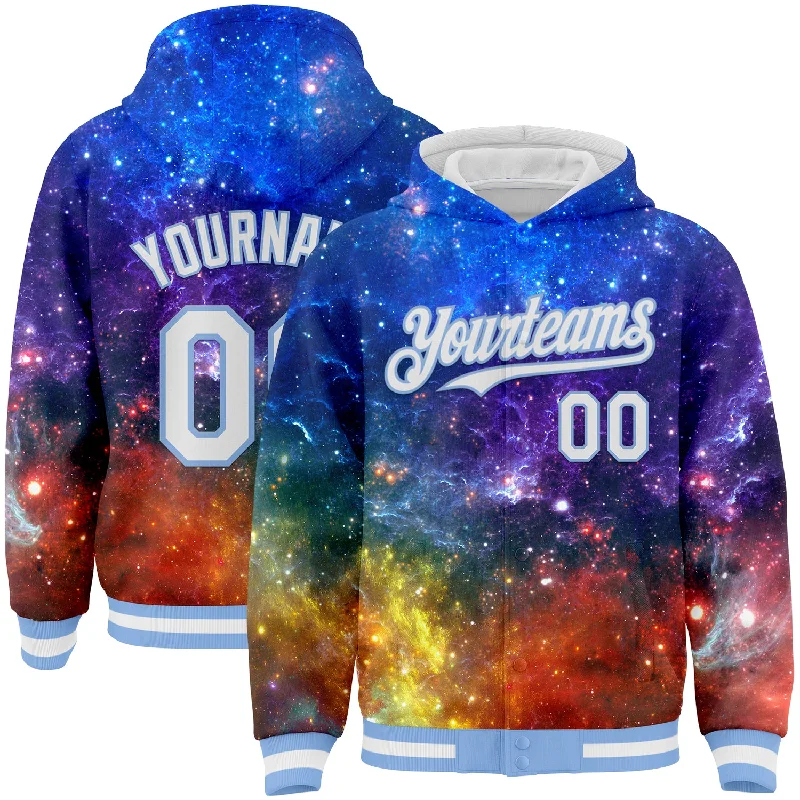 Gender-Neutral Clothing Styles Everyday Elegance Sale Custom Galactic White-Light Blue 3D Bomber Full-Snap Varsity Letterman Hoodie Jacket