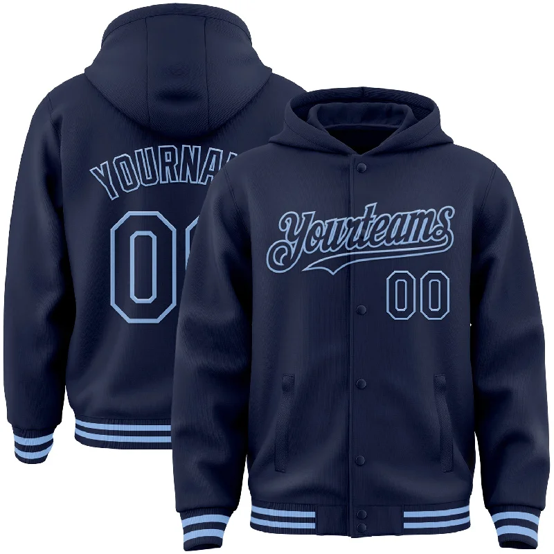 Urban-Inspired Unisex Fashion Pieces Discover Promotions Custom Navy Light Blue Bomber Full-Snap Varsity Letterman Hoodie Jacket