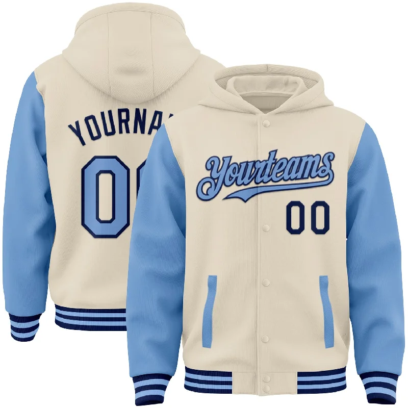 Modern Unisex Streetwear Outfits Flash Sale Custom Cream Light Blue-Navy Bomber Full-Snap Varsity Letterman Two Tone Hoodie Jacket