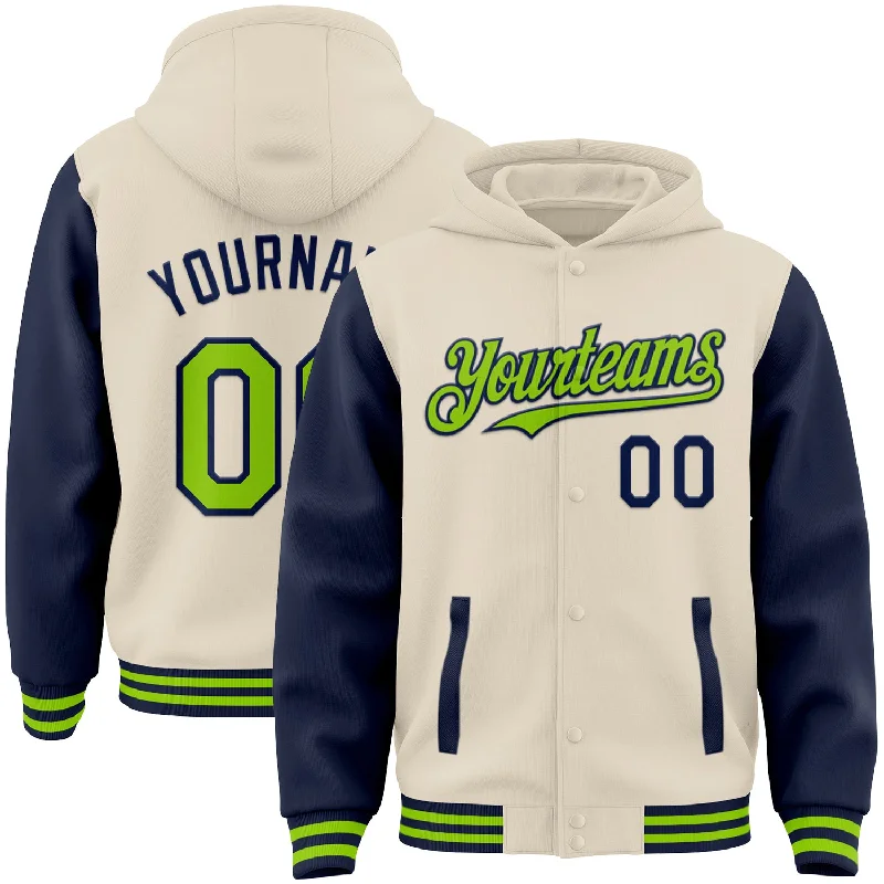 Functional And Stylish Unisex Outerwear Minimalist Fashion Sale Custom Cream Neon Green-Navy Bomber Full-Snap Varsity Letterman Two Tone Hoodie Jacket