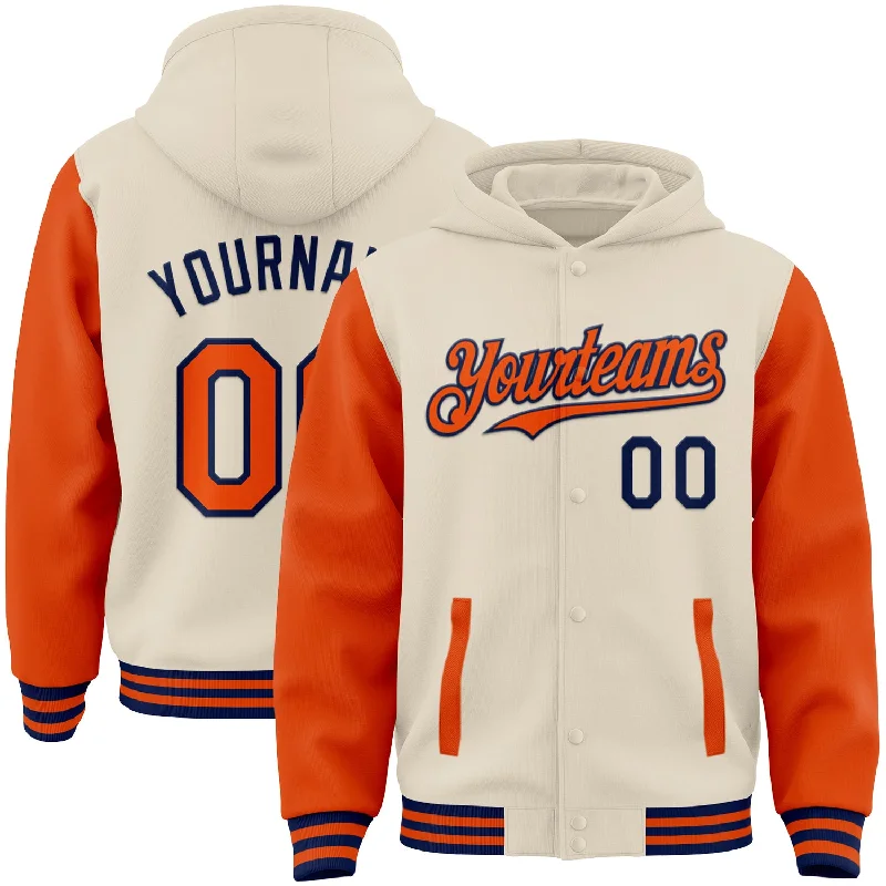 Versatile Gender-Free Wardrobe Essentials Vibrant Style Promotions Custom Cream Orange-Navy Bomber Full-Snap Varsity Letterman Two Tone Hoodie Jacket