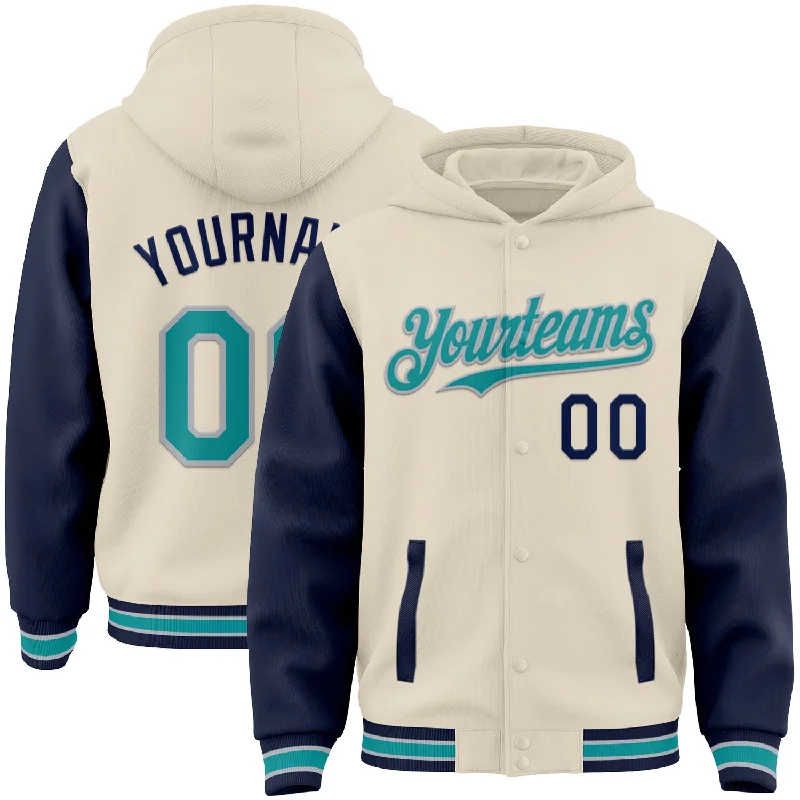 Versatile Gender-Free Wardrobe Essentials Elegant Fashion Offers Custom Cream Teal Navy-Gray Bomber Full-Snap Varsity Letterman Two Tone Hoodie Jacket