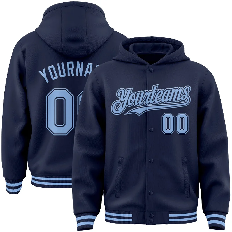 Comfortable Gender-Free Fashion Choices Low Price Special Custom Navy Light Blue Bomber Full-Snap Varsity Letterman Hoodie Jacket