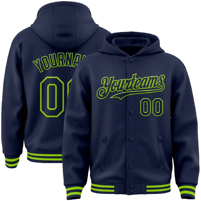 Classic And Timeless Gender-Neutral Fashion Fashionable Comfort Promotions Custom Navy Neon Green Bomber Full-Snap Varsity Letterman Hoodie Jacket