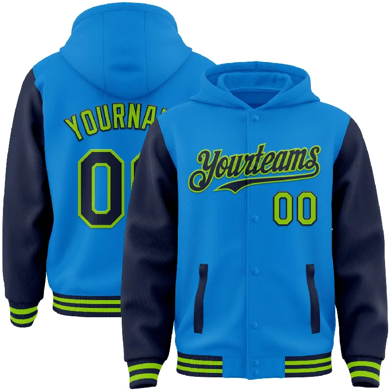 Contemporary Gender-Free Clothing Styles Boutique Styles Custom Powder Blue Navy-Neon Green Bomber Full-Snap Varsity Letterman Two Tone Hoodie Jacket