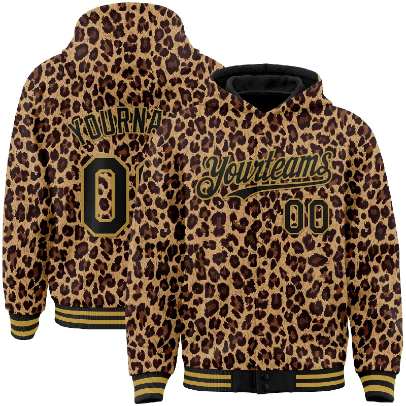 Fashion-Forward Gender-Neutral Outerwear Urban Style Promotions Custom Brown Black-Old Gold Leopard Print 3D Pattern Design Bomber Full-Snap Varsity Letterman Hoodie Jacket