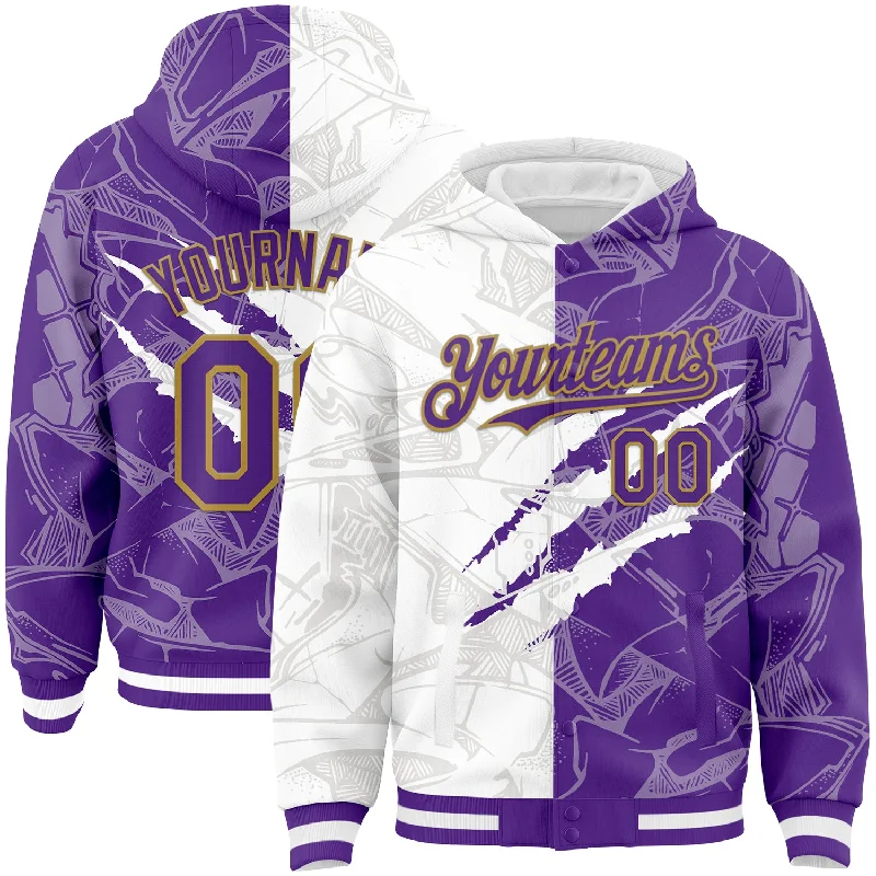 Elegant And Minimal Gender-Free Clothing Classic Modern Offers Custom Graffiti Pattern Purple-Old Gold Scratch 3D Bomber Full-Snap Varsity Letterman Hoodie Jacket