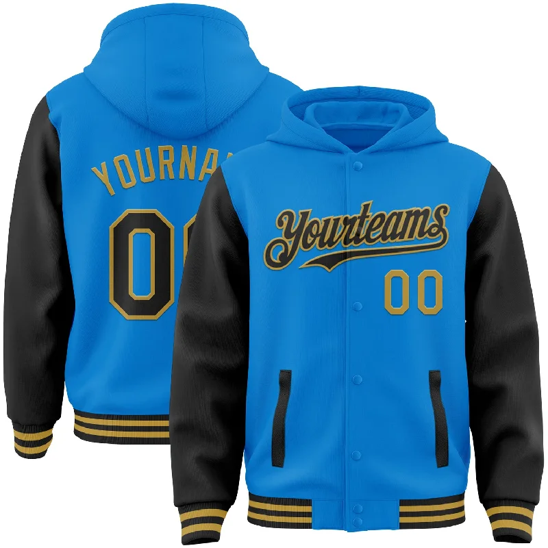 Sustainable And Ethical Unisex Clothing Vibrant Style Promotions Custom Powder Blue Black-Old Gold Bomber Full-Snap Varsity Letterman Two Tone Hoodie Jacket