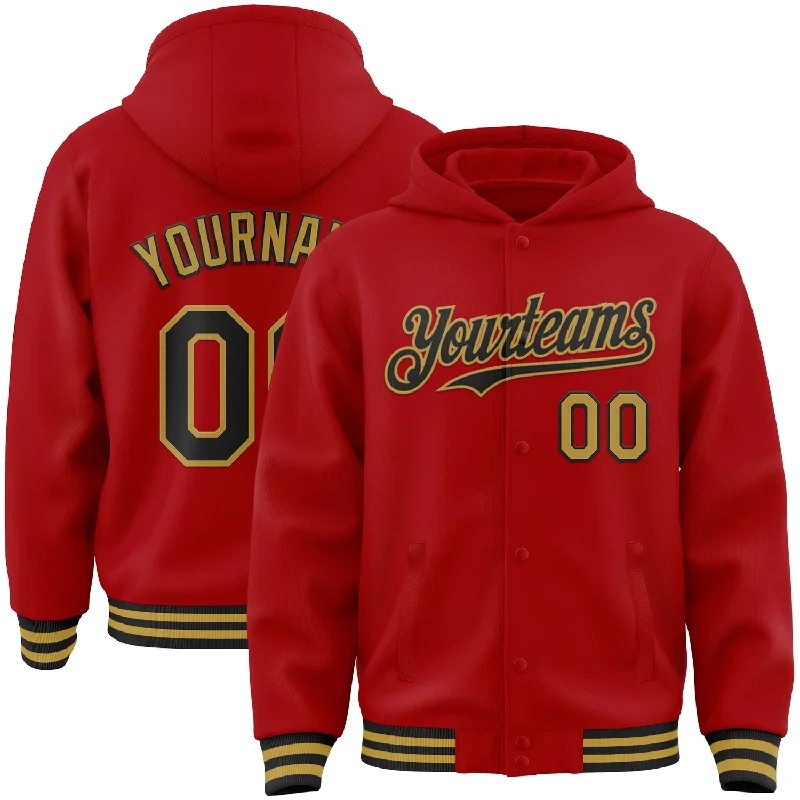 Urban-Inspired Unisex Fashion Pieces Contemporary Chic Promotions Custom Red Black-Old Gold Bomber Full-Snap Varsity Letterman Hoodie Jacket