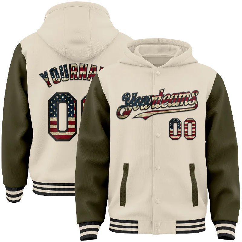 Comfortable Unisex Streetwear Bold Fashion Sales Custom Cream Vintage USA Flag Olive-Black Bomber Full-Snap Varsity Letterman Two Tone Hoodie Jacket