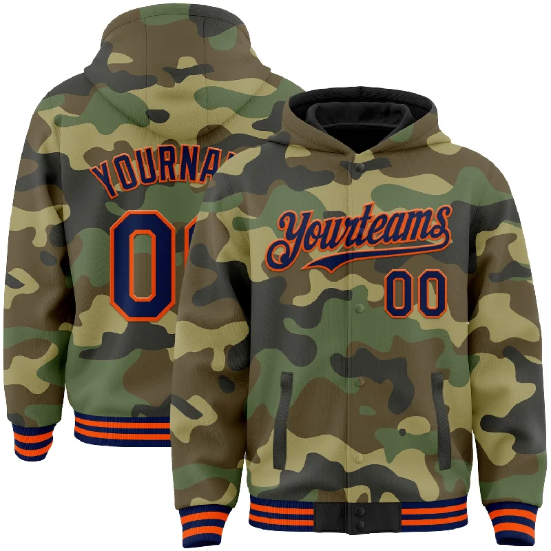 Soft And Breathable Unisex Loungewear Chic Trends Unveiled Custom Camo Navy-Orange Bomber Full-Snap Varsity Letterman Salute To Service Hoodie Jacket