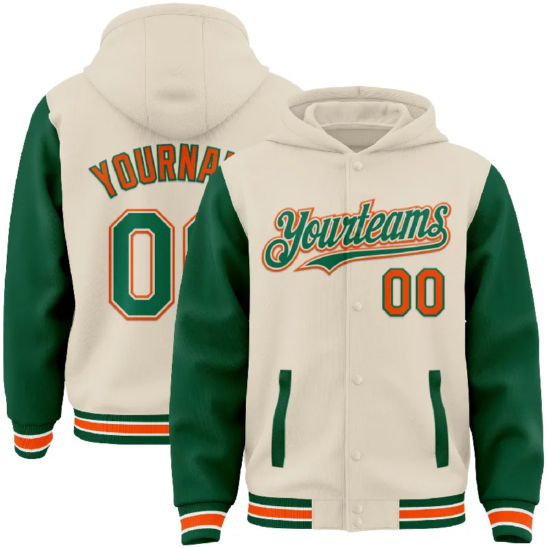 Functional And Stylish Unisex Wear Contemporary Fashion Sale Custom Cream Kelly Green Orange-White Bomber Full-Snap Varsity Letterman Two Tone Hoodie Jacket