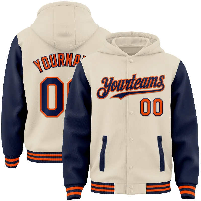 Sleek And Contemporary Gender-Free Outfits Exclusive Fashion Deals Custom Cream Navy-Orange Bomber Full-Snap Varsity Letterman Two Tone Hoodie Jacket