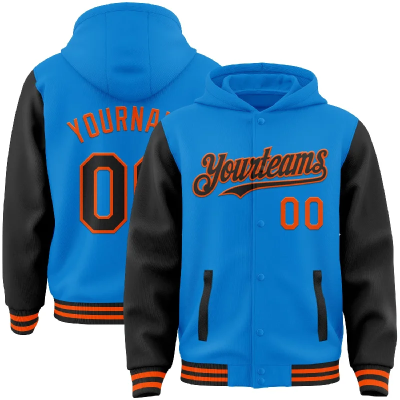 Functional And Stylish Unisex Outerwear Feminine Luxe Style Sale Custom Powder Blue Black-Orange Bomber Full-Snap Varsity Letterman Two Tone Hoodie Jacket