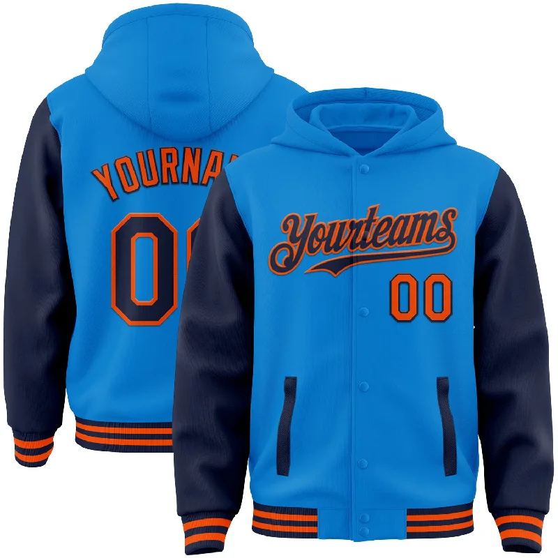 Comfortable And Stylish Unisex Outfits Imeless Style Custom Powder Blue Navy-Orange Bomber Full-Snap Varsity Letterman Two Tone Hoodie Jacket