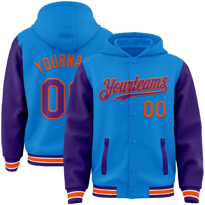 Relaxed-Fit Unisex Fashion For All-Day Comfort Exclusive Discount Custom Powder Blue Purple-Orange Bomber Full-Snap Varsity Letterman Two Tone Hoodie Jacket