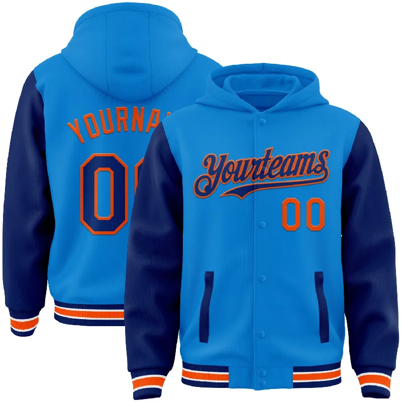 Fashion-Forward Unisex Apparel Fashion Forward Custom Powder Blue Royal-Orange Bomber Full-Snap Varsity Letterman Two Tone Hoodie Jacket