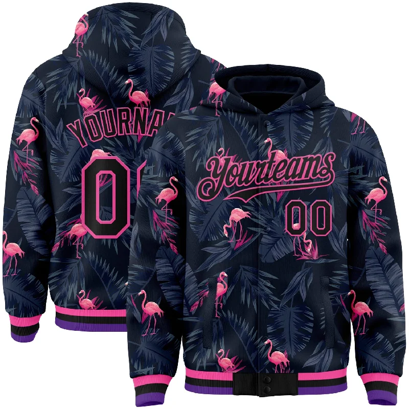 Gender-Neutral Trendy Clothing Styles Edgy Fashion Deals Custom Black Pink Flamingo 3D Pattern Design Bomber Full-Snap Varsity Letterman Hoodie Jacket